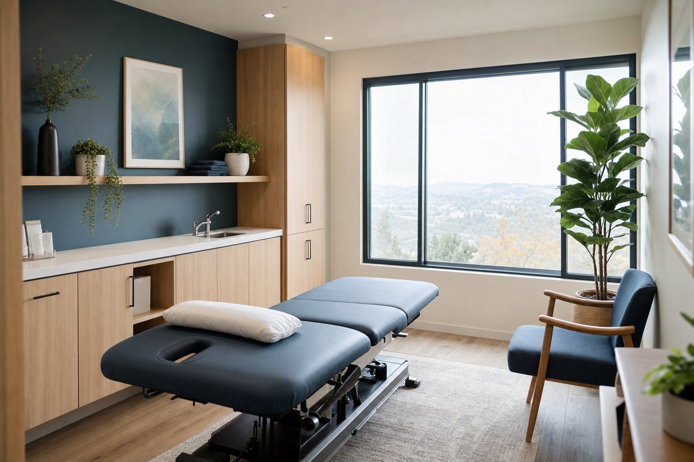 A calm, modern pain-medicine treatment room